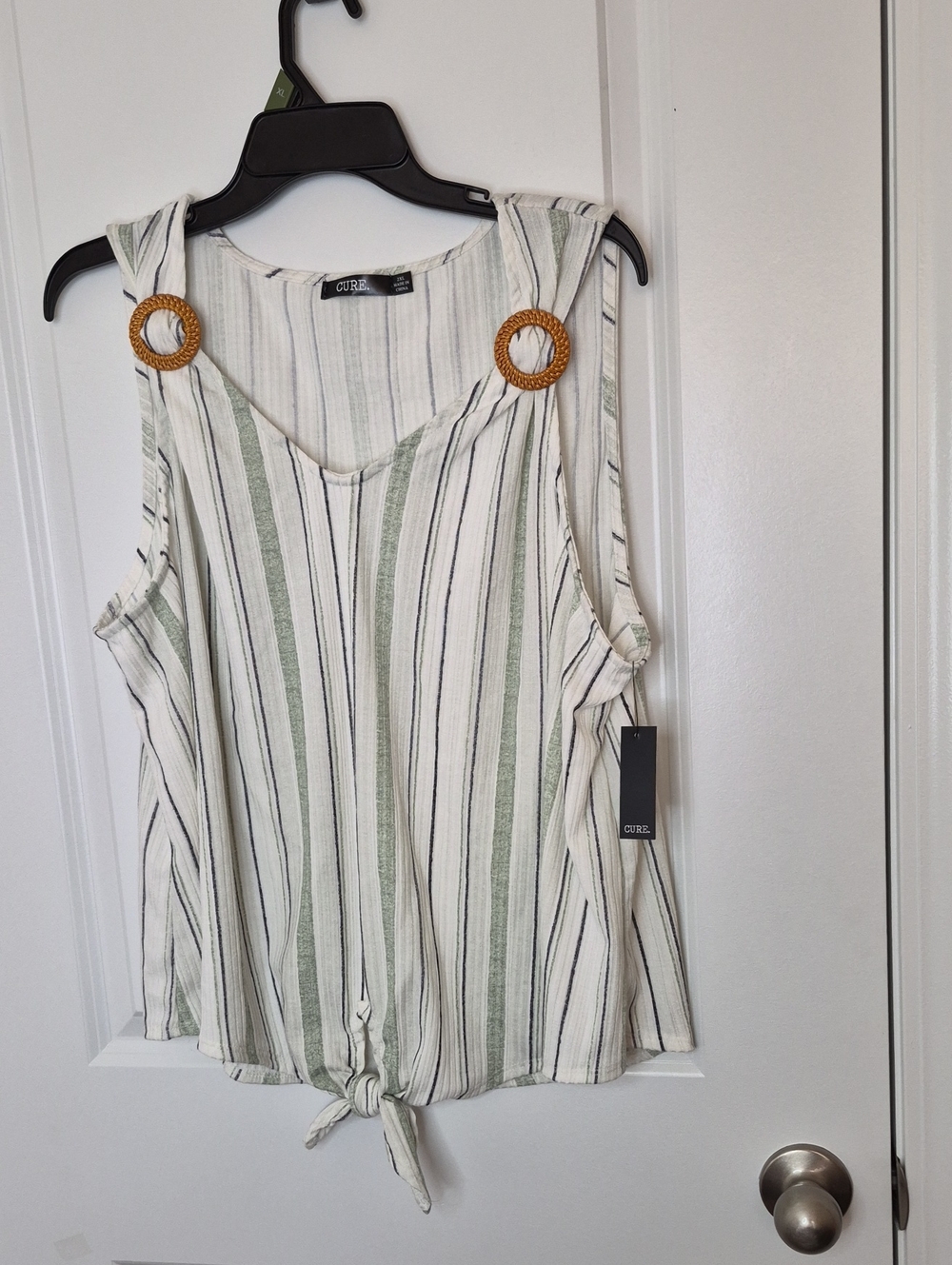 Cure Striped Tie-Hem Tank Top in White & Sage with Rattan Rings Size 2XL